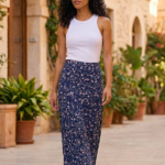 03 floral print elastic waist midi stretch skirt